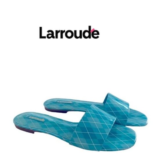 Larroude Shoes - Larroude - Ivy Flat Mule Turquoise Aqcua Argyle patent leather